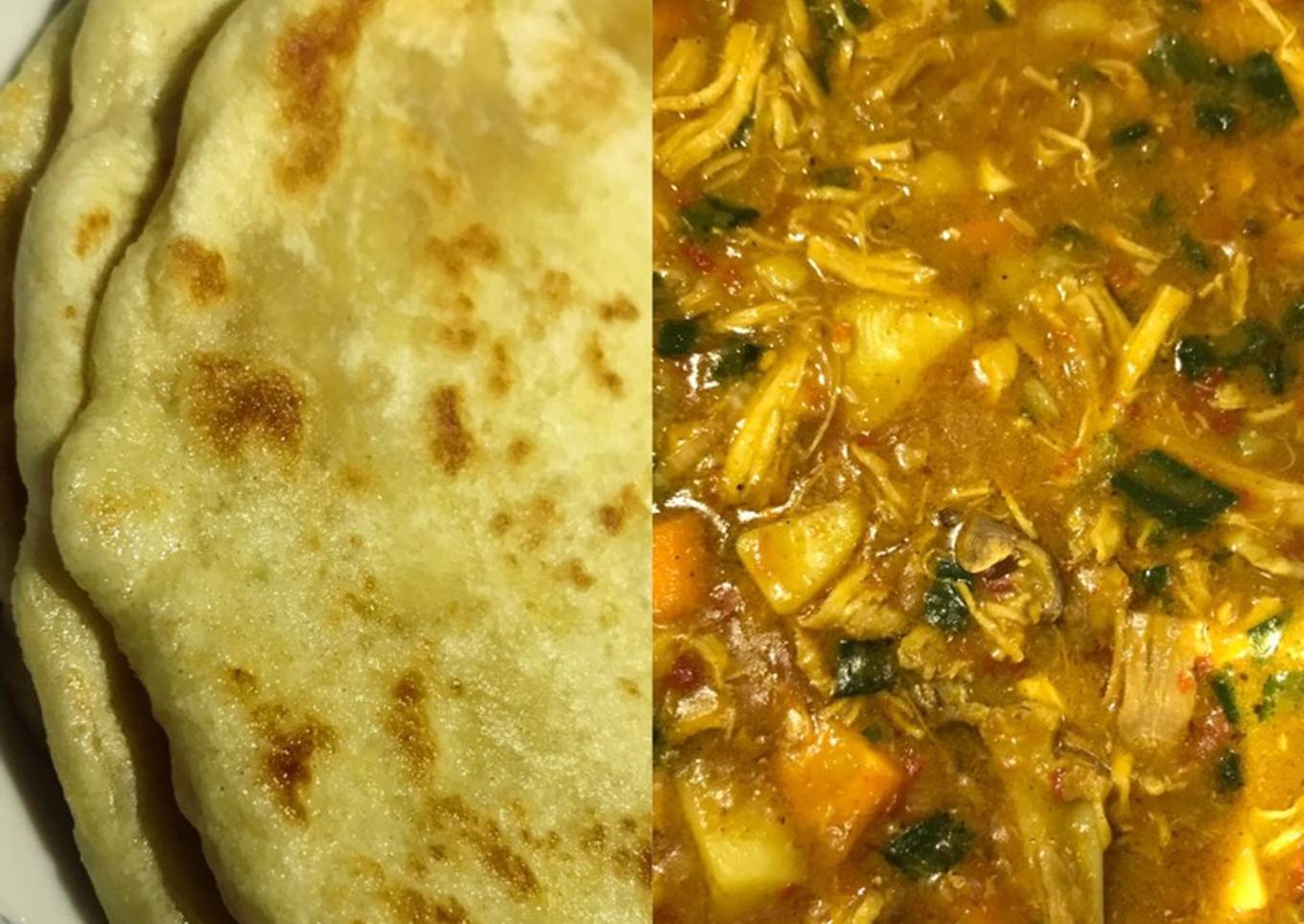 Naan bread and chicken and potatoes curry