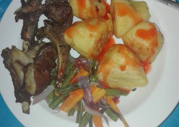 Pan grilled mutton ribs, Roasted potatoes with veggies