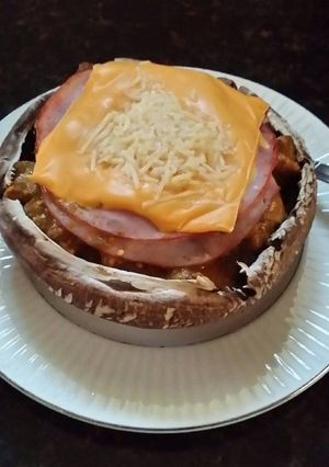 A picture of Brad's chile verde stuffed portabello.