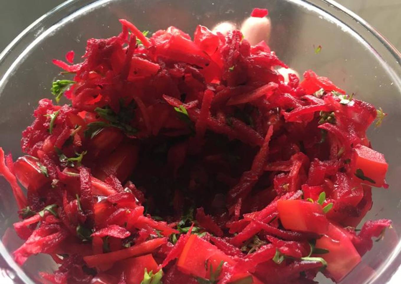 Shredded carrot, beet & pomegranate salad