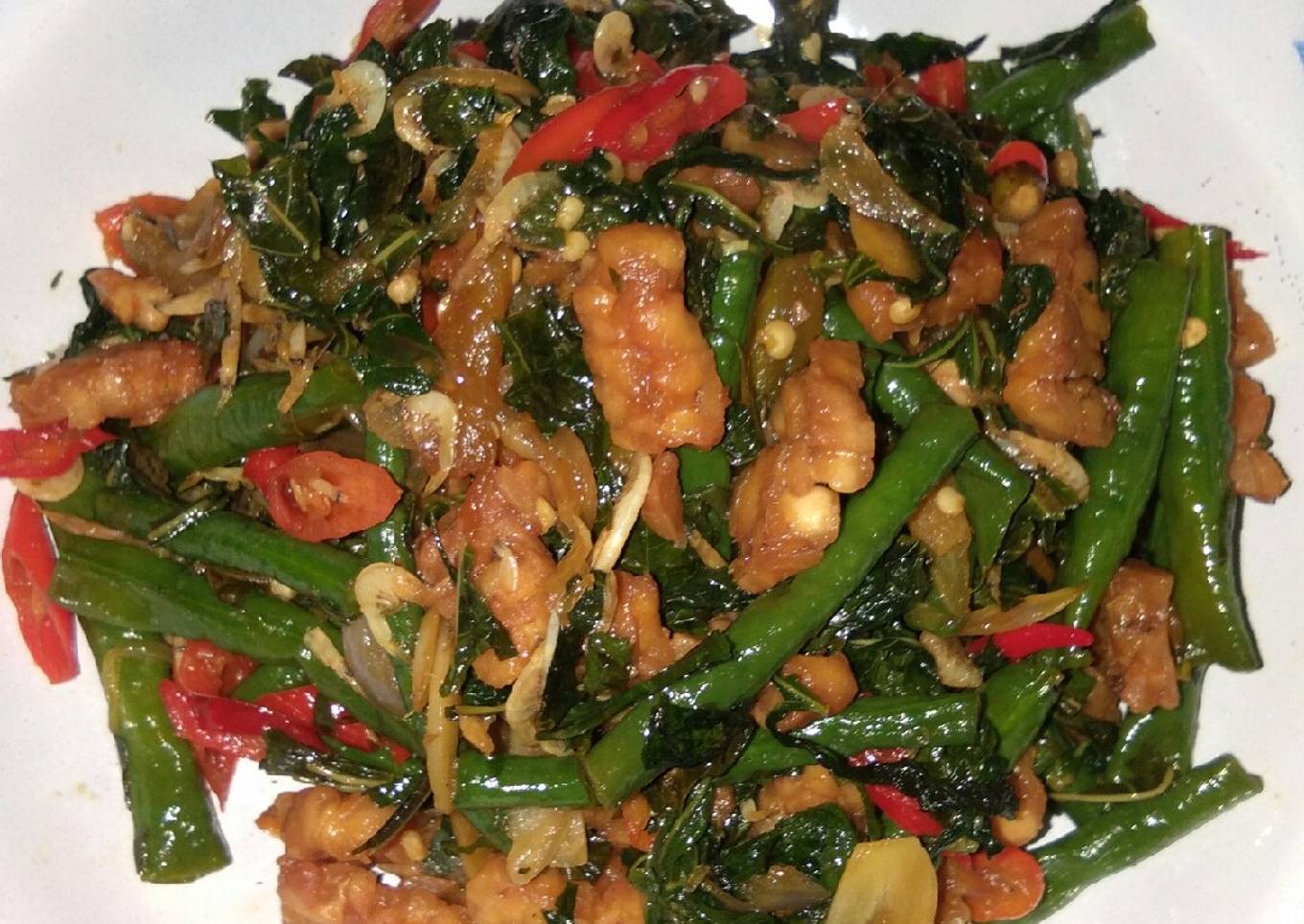 12. Tumis Daun Singkong, Tempe dan Kacang Panjang