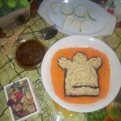 A picture of Cook pad logo Carrot macaroni with spinach stew.