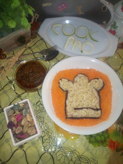 A picture of Cook pad logo Carrot macaroni with spinach stew.