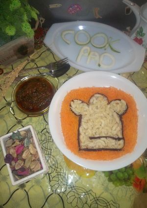 A picture of Cook pad logo Carrot macaroni with spinach stew.