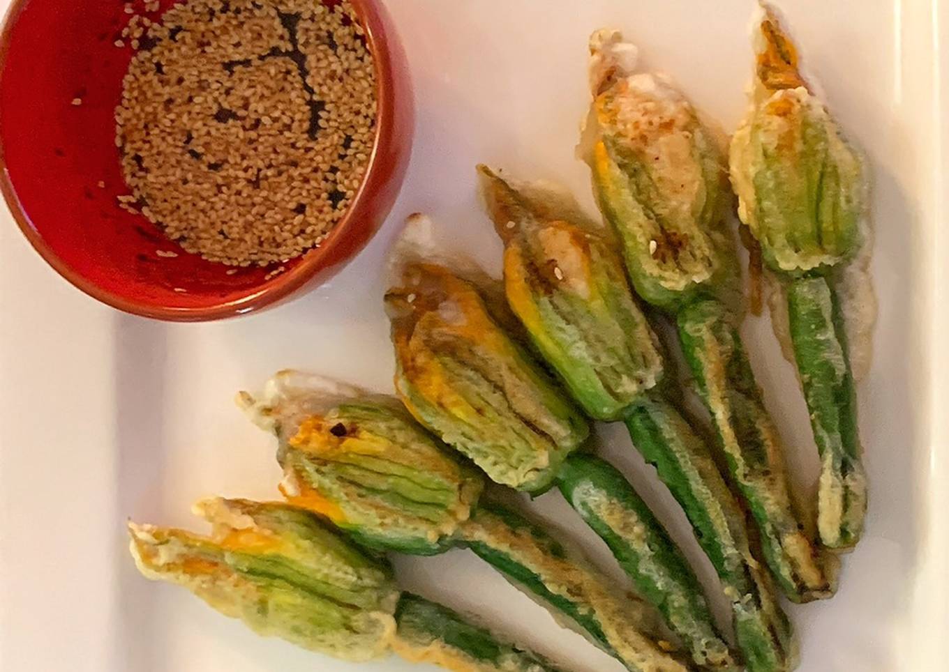 Squash blossoms (Stuffed with tofu and sesame filling)