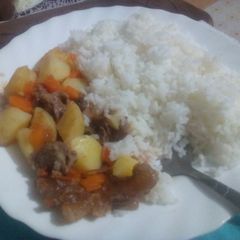 A picture of Boiled rice served with beef stew.