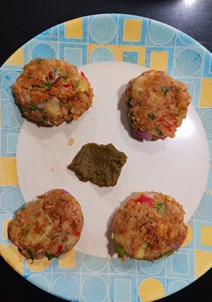 A picture of Red poha-Sweet potato cutlet.