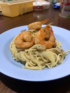 Foto resep Spaghetti with Creamy Mushroom Sauce and Fried Shrimp Topping
