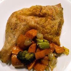 A picture of Super-moist roast chicken with yams and broccoli.