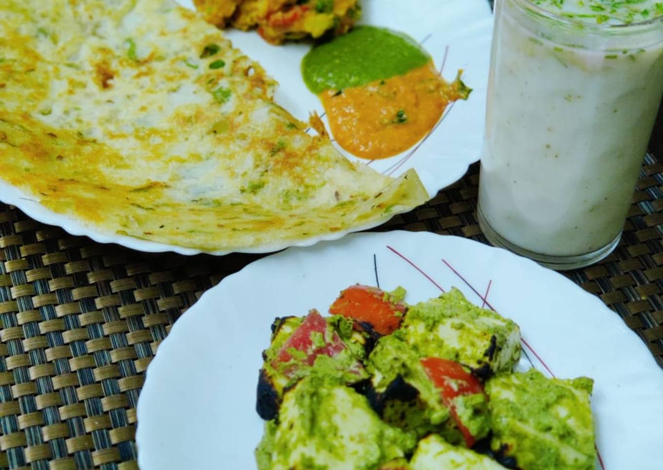 Sooji chilla with mint paneer and Lassi
