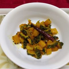A picture of Stir Fried Bitter Gourd or Karela and Pumpkin.