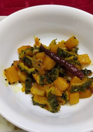 A picture of Stir Fried Bitter Gourd or Karela and Pumpkin.