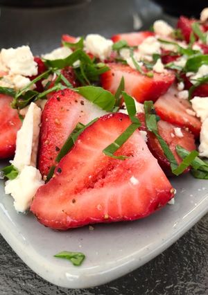A picture of Strawberries with Blue Cheese, Arugula & Balsamic.