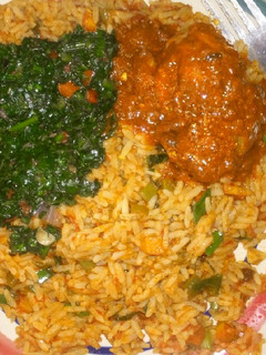 A picture of Simple Jollof and half cooked pumpkin leaf!.