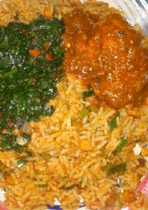 A picture of Simple Jollof and half cooked pumpkin leaf!.