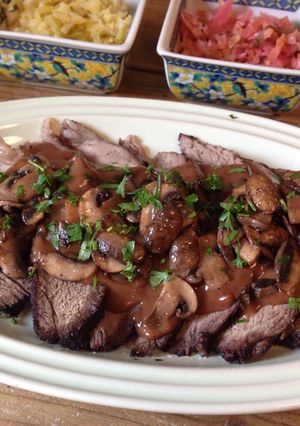 A picture of Sauerbraten (Burgunderbraten) with Mushrooms.