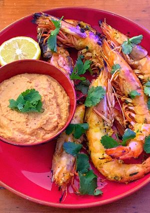 A picture of Giant wild prawns with peanut and coconut chutney.