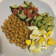 Chickpeas, boiled eggs, avocado with cucumber & tomatoes A picture of Chickpeas, boiled eggs, avocado with cucumber & tomatoes.