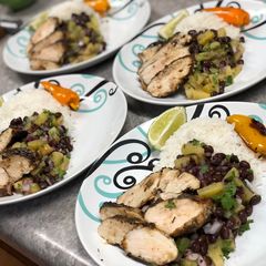 A picture of Jerk Chicken w/ Black Bean Pineapple Salsa.