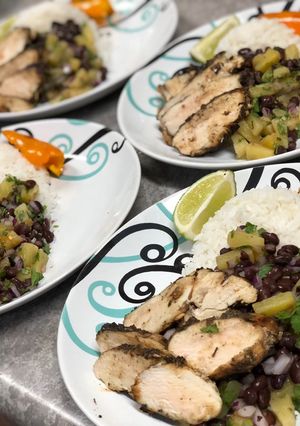 A picture of Jerk Chicken w/ Black Bean Pineapple Salsa.
