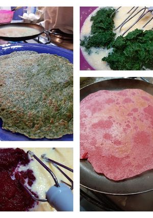 Una foto de Panqueques de espinaca, remolacha y zanahoria, coloridos y saludables