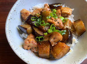 A picture of Ponzu Chicken & Eggplant Rice Bowl.