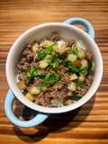 Easy Beef and Potato Bowl with Green Onion, Toasted Sesame Seeds, and Spicy Chili Crisp