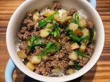 Easy Beef and Potato Bowl with Green Onion, Toasted Sesame Seeds, and Spicy Chili Crisp