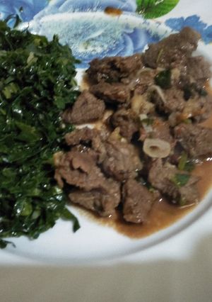 A picture of Kales with beef stew.