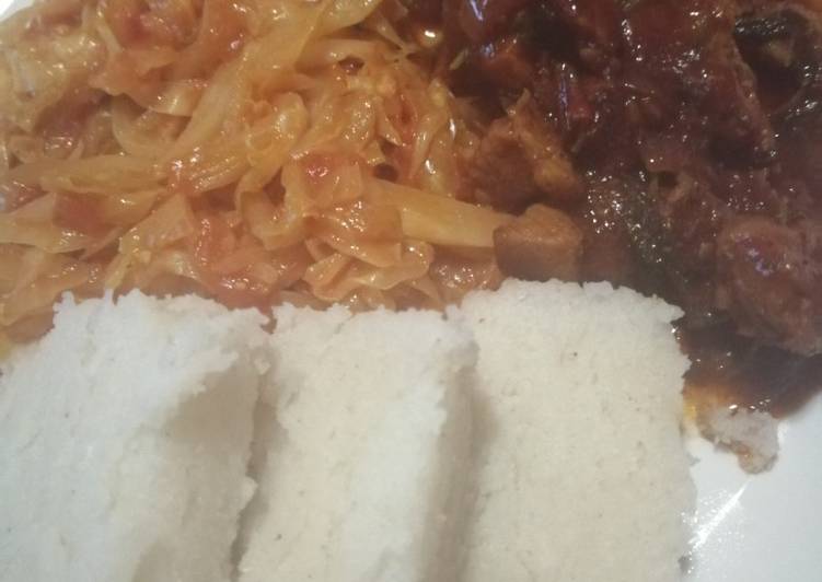 Ugali, cabbage and wet fry beef