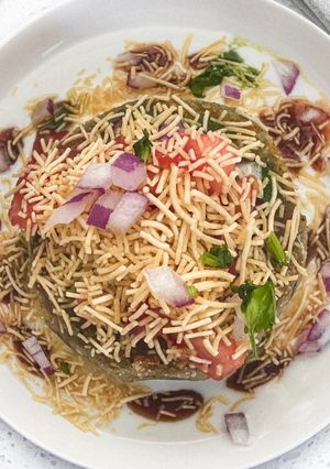 A picture of Homemade mix vegetable tikki chaat.
