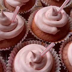 A picture of Vickys Strawberry Milkshake Cupcakes, GF DF EF SF NF.