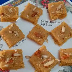 A picture of Besan Condensed Milk Burfi.