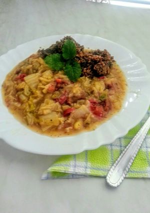 Kínaikel főzelék, zabos csirkemájjal recept fotója