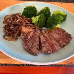A picture of Pan fried Steak and Balsamic Onions.