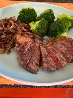 A picture of Pan fried Steak and Balsamic Onions.