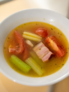 A picture of Minestrone with celery and pork belly.