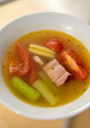 A picture of Minestrone with celery and pork belly.