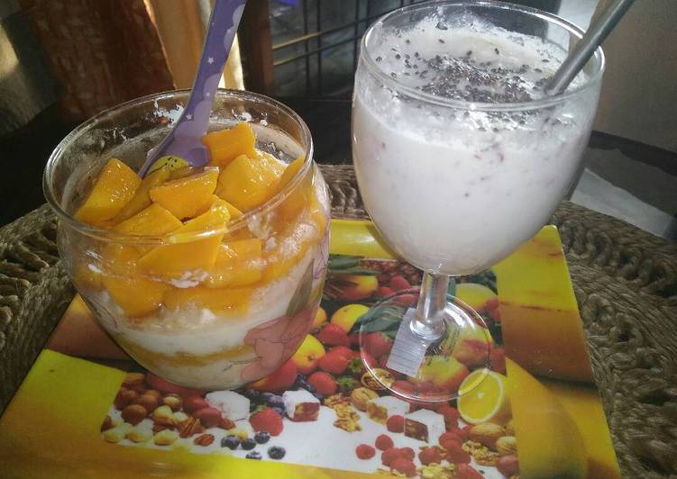 Summer Mango oats in a mason jar with apple Chia seeds shake