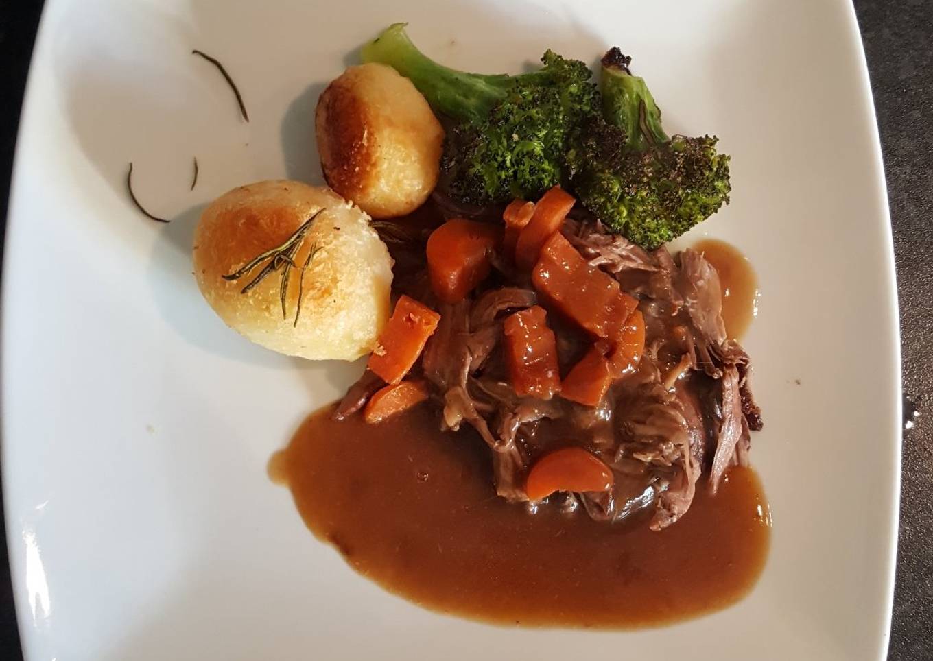 Slow Cooked Shredded Beef. Roast Spuds and Roasted Broccoli