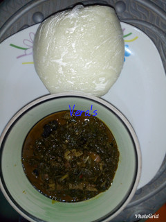 A picture of Efere Afang ye Usung Udia(Afang soup and pounded yam) #Abuja#.