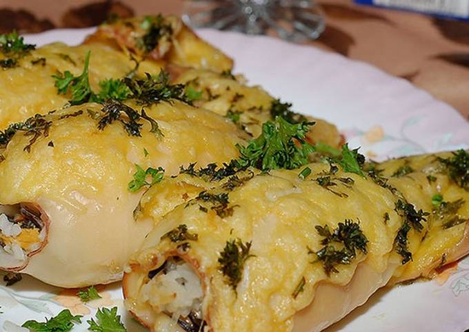 Кальмары, фаршированные рисом и грибами пошаговый рецепт