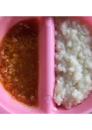 Foto resep Nasi tim udang wortel saus tomat (Mpasi 10m+)