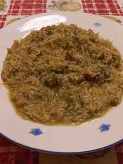 A picture of Risotto with Zucchini Cream and Bacon.