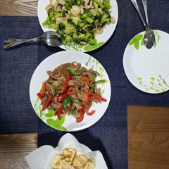 A picture of Stir fry beef with bell pepper, Broccoli with mushroom & Fried fish cake.