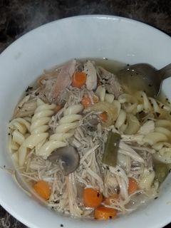 A picture of Turkey soup with noodles (Leftover Thanksgiving Turkey).