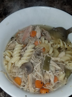 A picture of Turkey soup with noodles (Leftover Thanksgiving Turkey).