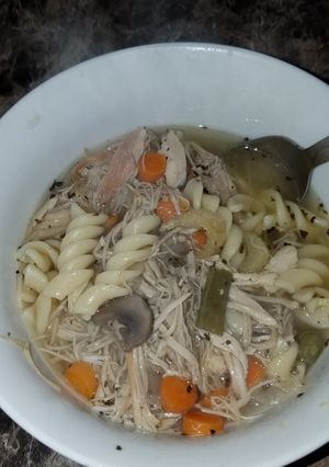 A picture of Turkey soup with noodles (Leftover Thanksgiving Turkey).