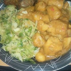 A picture of Matoke,fried cabbage.