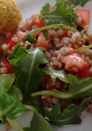 Foto principal de Bolitas de lentejas rojas con ensalada verde y espelta enriquecida en Agua de mar💦🍽